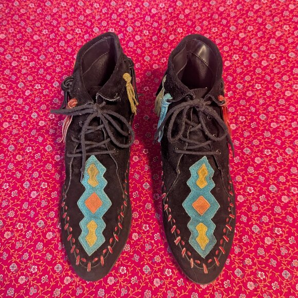 Suede Western Boot Vintage LJ Simone Moccasin Fringe Multicolor Boho Leather - Picture 7 of 9